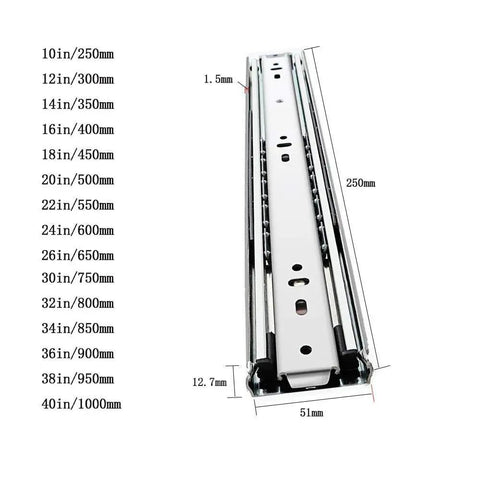 Heavy Duty Stainless Steel Drawer Slide With Hassle Free Kick Open Action 51 Mm Wide measured with lengths and dimensions shown.