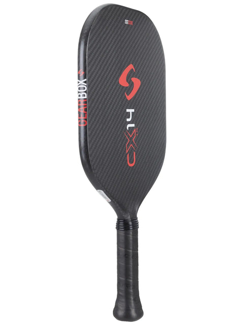 Side view of CX14H Hyper Red Pickleball Paddle With 8.0 Oz Weight Grip 3 And 5 Eighths Inch Longer Handle 14mm Stability Core SST Technology