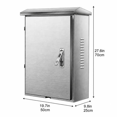 Lockable EV Charger Box Featuring 304 Stainless Steel For All Weather Outdoor Protection And Secure Electric Vehicle Charging With A Knockout Brushed Finish, 70cm tall, 50cm wide.