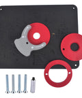 Top Shelf Precision Router Table Insert Plate With Level Loc Rings For Undrilled Woodworking Jigs featuring screws, and red rings.