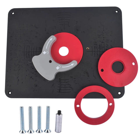 Top Shelf Precision Router Table Insert Plate With Level Loc Rings For Undrilled Woodworking Jigs featuring screws, and red rings.