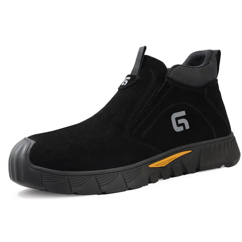 Black Mid Cut Welding Boots For Men With Steel Toe Slip On Work Shoes Built Tough For Welders Indestructible Safety Boots Protective Footwear For Construction And Industrial Jobs ASTM Certified, side view