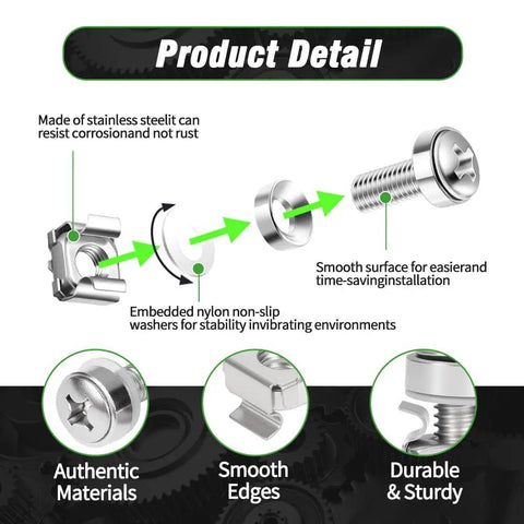 Heavy Duty Rack Mount Cage Nuts and M6 X 16mm Thumb Screws Kit With 304 Stainless Steel showing detailed components and assembly features.
