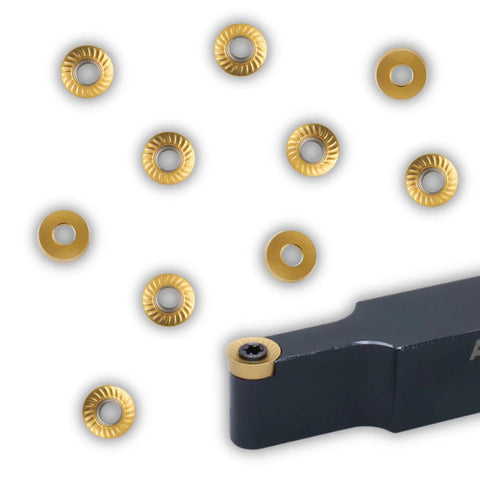 Pro Grade Indexable Tool Holder Kit With 3/4 Inch Shank, 4-1/2 Inch OAL, Carbide RCMT32 Insert, 10 Extra Inserts, shown with inserts