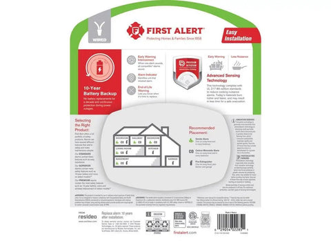 Back packaging of Hard Wired Smoke And Carbon Monoxide Detector With 10 Year Battery Backup, featuring installation guide and features.