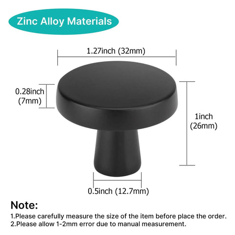 30 Pack Go To Matte Black Cabinet Knobs For Cabinets And Dresser Drawers with dimensions and zinc alloy material details