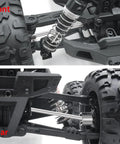 Front and rear view of RC truck with Beefy 4 Piece RC Front And Rear CVD Driveshaft Set for One Sixteenth Scale Trucks.