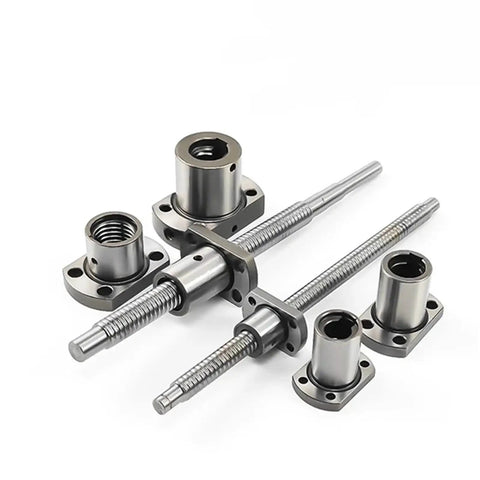 100mm CNC Ballscrew Set With End Machined Ballnut And EK EF08 Nut Housing shown in steel, illustrating low backlash linear motion components.
