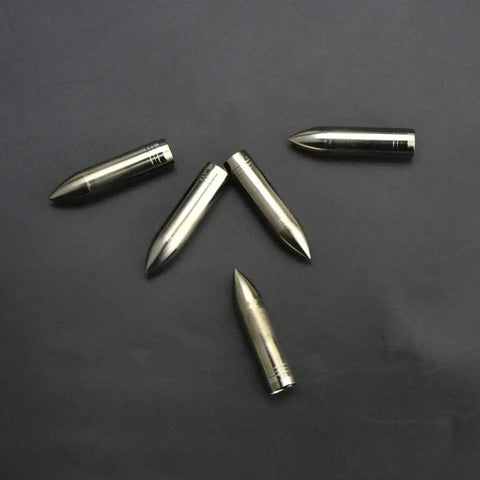 Five steel Wood Arrow Tips 74 Grain Field Points on black background, designed for 8mm shafts, durable and pro-grade for archery practice.