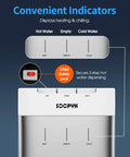 Self Cleaning Water Cooler Dispenser For Three To Five Gallon Bottles Bottom Load With Hot Cold And Room Temperature Water, Child Safety Lock, White display panel with safety features.