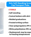 Globe Scientific 6101S 5 mL clear polypropylene self-standing transport tube with conical bottom and white cap; sterile