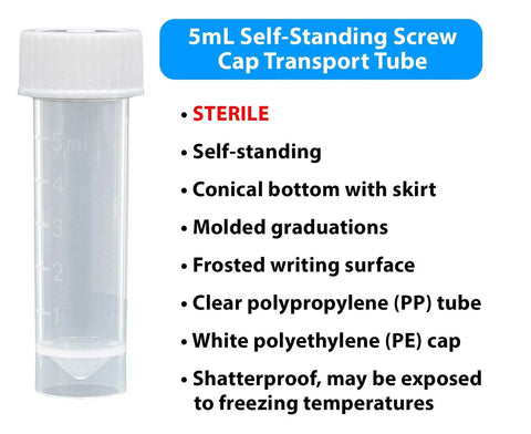 Globe Scientific 6101S 5 mL clear polypropylene self-standing transport tube with conical bottom and white cap; sterile
