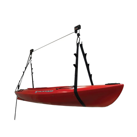 Easy Garage Storage Hoist For Kayaks Canoes Bikes And Ladders One Person Lift System With Pulleys Hooks Brackets Hardware 50 Ft Rope Saddle Straps 120 Lb Capacity Black, red kayak suspended
