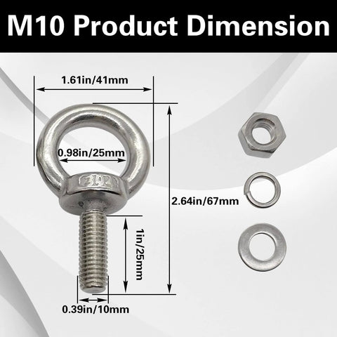 M10 Eye Bolts With Nuts Washers And Spring Washers Stainless Steel Shoulder Ring Threaded Eye Bolts 0.98 Inch Thread Length Lifting Hardware Pack Of 4 For Secure Hookups And Fixed Connections dimensions