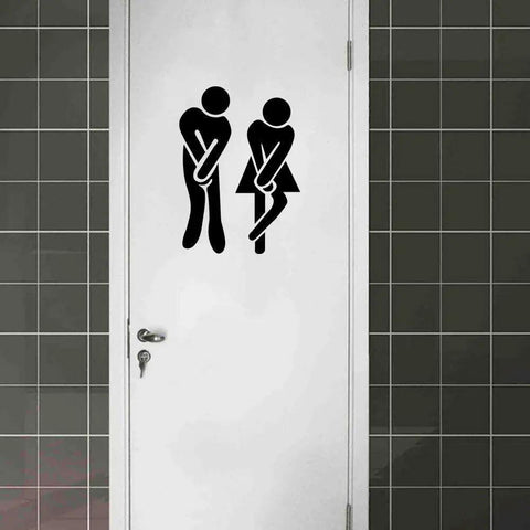 Removable Man And Woman Washroom Sign For Restroom Door Sticker on white door, black finish DIY wall decor in bathroom setting