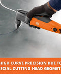 Close-up of Pro Grade Compact Nibbler For Tight Radius Curves And Edge Cuts With 360 Degree Rotating Head and QuickIn System cutting sheet metal.