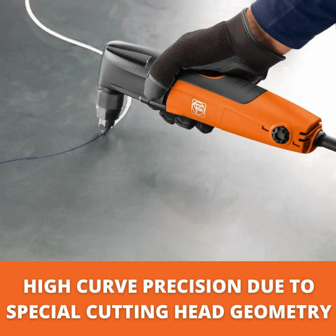 Close-up of Pro Grade Compact Nibbler For Tight Radius Curves And Edge Cuts With 360 Degree Rotating Head and QuickIn System cutting sheet metal.