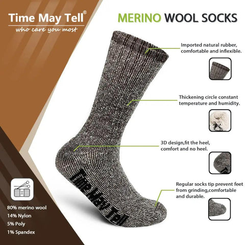 Merino Wool Hiking Cushion Socks For Men, Thermal Warm Crew Socks, Winter Boots Ready, All Day Comfort, Thick Terry Loop