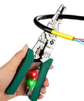 Heavy Duty Wire Stripping Pliers Multifunctional Electrical Hand Tools With Built In Voltage Detector Tester And Nonslip Grip Handle For Car And Home Wiring Projects Easy To Use in hand, cutting wires with voltage detector.