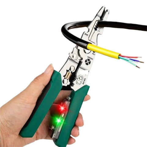 Heavy Duty Wire Stripping Pliers Multifunctional Electrical Hand Tools With Built In Voltage Detector Tester And Nonslip Grip Handle For Car And Home Wiring Projects Easy To Use in hand, cutting wires with voltage detector.