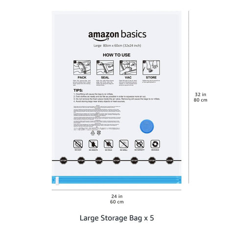 Vacuum Storage Bags Large 5 Pack With Hand Pump For Clothes And Linens showing size dimensions and instructions