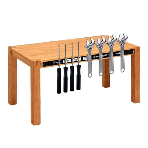 Heavy Duty Magnetic Tool Holders 18 Inch 8 Pack With Mounting Brackets And S Hooks displaying wrenches and screwdrivers on a bench.