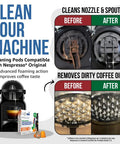 Infographic showing before and after cleaning results with Nespresso Compatible Cleaning Pods, Five Cleaner Capsules To Boost Coffee Flavor, For OriginalLine Machines, Use With Descaling Kit, Quick At Home Barista Style Cleaning, Easy Machine Care.
