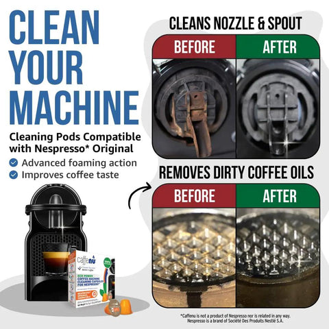 Infographic showing before and after cleaning results with Nespresso Compatible Cleaning Pods, Five Cleaner Capsules To Boost Coffee Flavor, For OriginalLine Machines, Use With Descaling Kit, Quick At Home Barista Style Cleaning, Easy Machine Care.