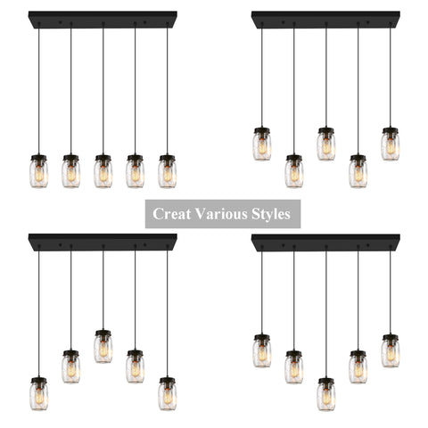 Five Light Mason Jar Chandelier with Rustic Glass Shades for Kitchen Island and Dining Room Linear Cluster Pendant Light Fixture