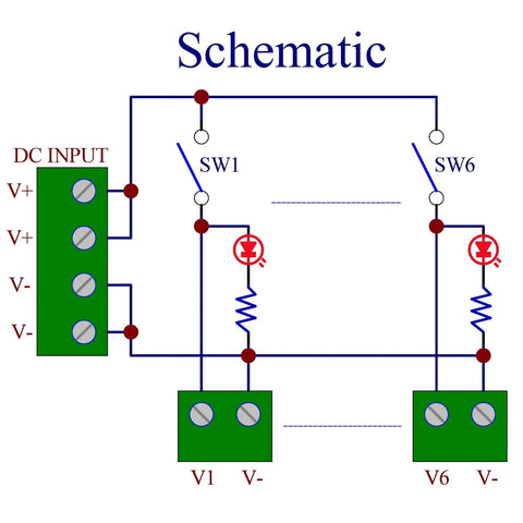 Schematic diagram of Beefy Six Channel DC Power Distribution Strip With DIN Rail Mount showing electrical connections