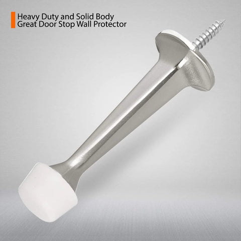Door stop with satin-nickel finish; side view showing white rubber tip and screw.