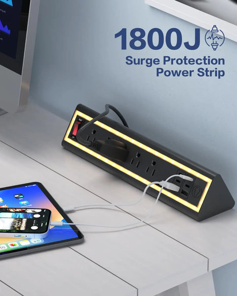 Space Saving Desk Clamp Power Strip With Night Light, 40W Fast Charging, 6ft Cord, displaying surge protection feature