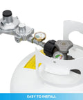 Side view of Stanbroil horizontal two-stage propane regulator with gauge and 3/8 in NPT on a white tank