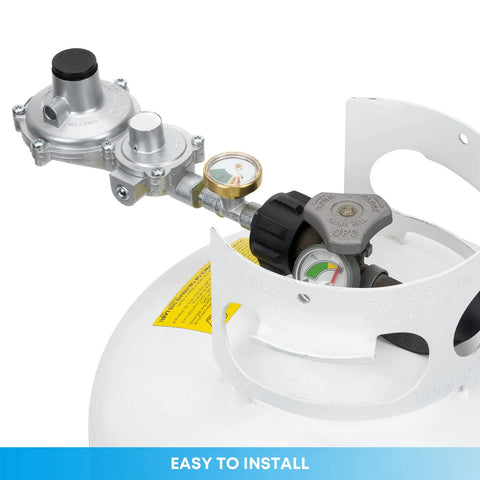 Side view of Stanbroil horizontal two-stage propane regulator with gauge and 3/8 in NPT on a white tank