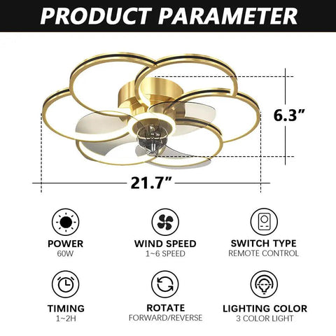 Dimmable Speed Adjustable Ceiling Fan With Light And Remote Control Acrylic Modern Smart Fan Light 60W Luxury Gold Finish diagram
