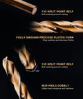Close-up of a 26 Piece Cobalt M35 HSS Letter Drill Bit Set A Through Z With Indexed Metal Case For Hardened Metal Stainless Steel Cast Iron Plastic And Wood, highlighting the 135-degree split point and M35 HSS composition.