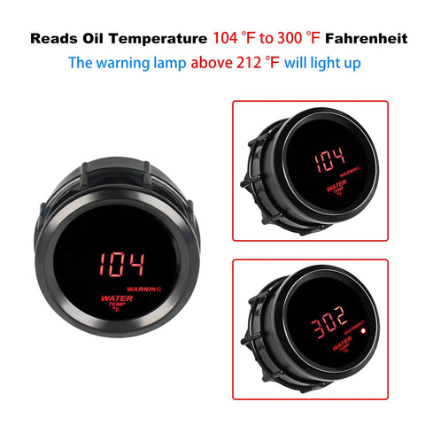 Water temperature gauge, 52mm (2-inch) with sensor; digital red display for automotive and marine use