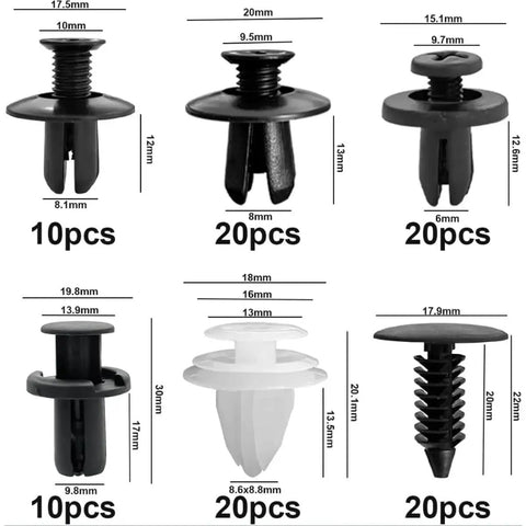 Must Have Car Plastic Rivet Clips Kit 100 Pcs In Six Sizes For Bumpers And Interior Panels Nylon Retainer Clip Set, assorted sizes shown
