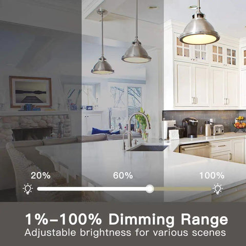 Smart Dimmer Switch With Neutral Wire showing dimming range of 1%-100% in a kitchen setting with pendant lights