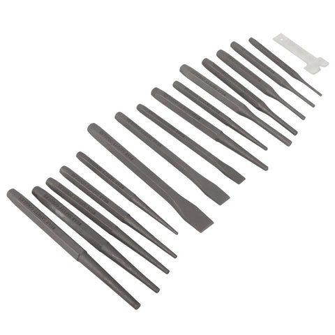 Sixteen Piece Mechanic Punches And Chisel Set Built To Last Heavy Duty Anti Rust Steel Pro Grade Tool Kit lined up at an angle