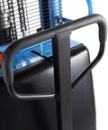 Close-up of ergonomic handle on Semi Electric Straddle Stacker And Powered High Lift Pallet Forklift With Adjustable Forks.