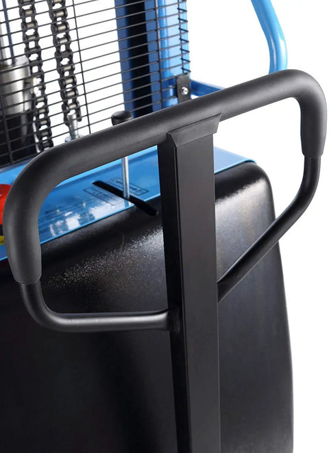 Close-up of ergonomic handle on Semi Electric Straddle Stacker And Powered High Lift Pallet Forklift With Adjustable Forks.