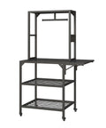 Heavy Duty 3D Printer Stand With Smooth Roll Casters And T Shaped Filament Spool Rack And Hefty Mobile Workbench For Maker Shop Builder Garage Or DIY Work Rig with three shelves and sturdy frame.