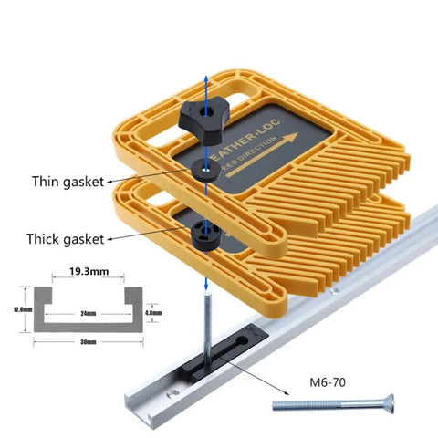 Extended 160mm Double Feather Boards deliver rock solid grip for table saw, showing adjustable gaskets and T slot miter track setup.