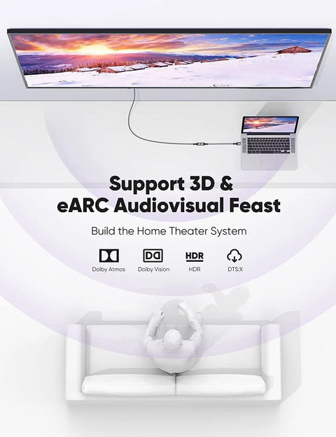 User seated on a couch connecting laptop to TV, showcasing HDMI support for 3D and eARC audiovisual tech.