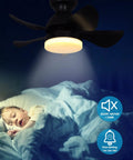 30 Inch Flush Mount Ceiling Fan With No Fuss Remote And App Control, illuminated dimmable LED in a dark room, silent motor icons visible