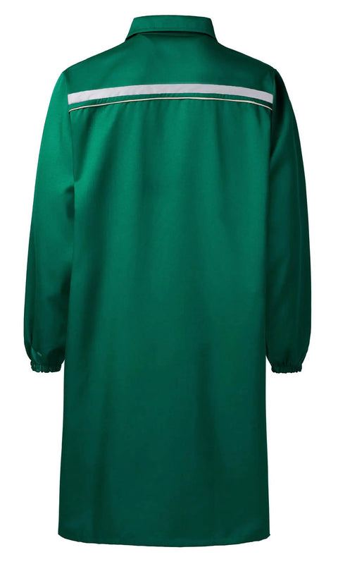 Back view of Reflective Long Lab Coat For Warehouse And DIY Projects With Knee Length Coverage, Green XL