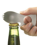 Multifunction Camping Spoon Fork Tool With Bottle Opener And Wrenches, Stainless Steel 3Cr13, used to open a bottle cap