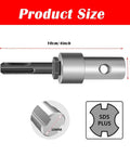 Auger Drill Adapter for Corded and Cordless Drills Lets You Pair 4 Inch or 6 Inch Garden Auger Bits With a Half Inch SDS Plus Shank Drill Easy Install Universal Fit No Fuss Quick Connect shown with measurements and SDS Plus shank detail.