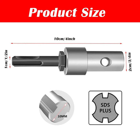 Auger Drill Adapter for Corded and Cordless Drills Lets You Pair 4 Inch or 6 Inch Garden Auger Bits With a Half Inch SDS Plus Shank Drill Easy Install Universal Fit No Fuss Quick Connect shown with measurements and SDS Plus shank detail.